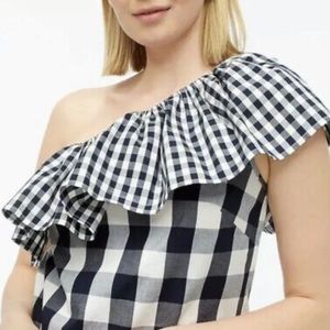 NWT $64.50 J Crew Navy Blue Gingham Blouse Top Shirt One Shoulder checkered flag